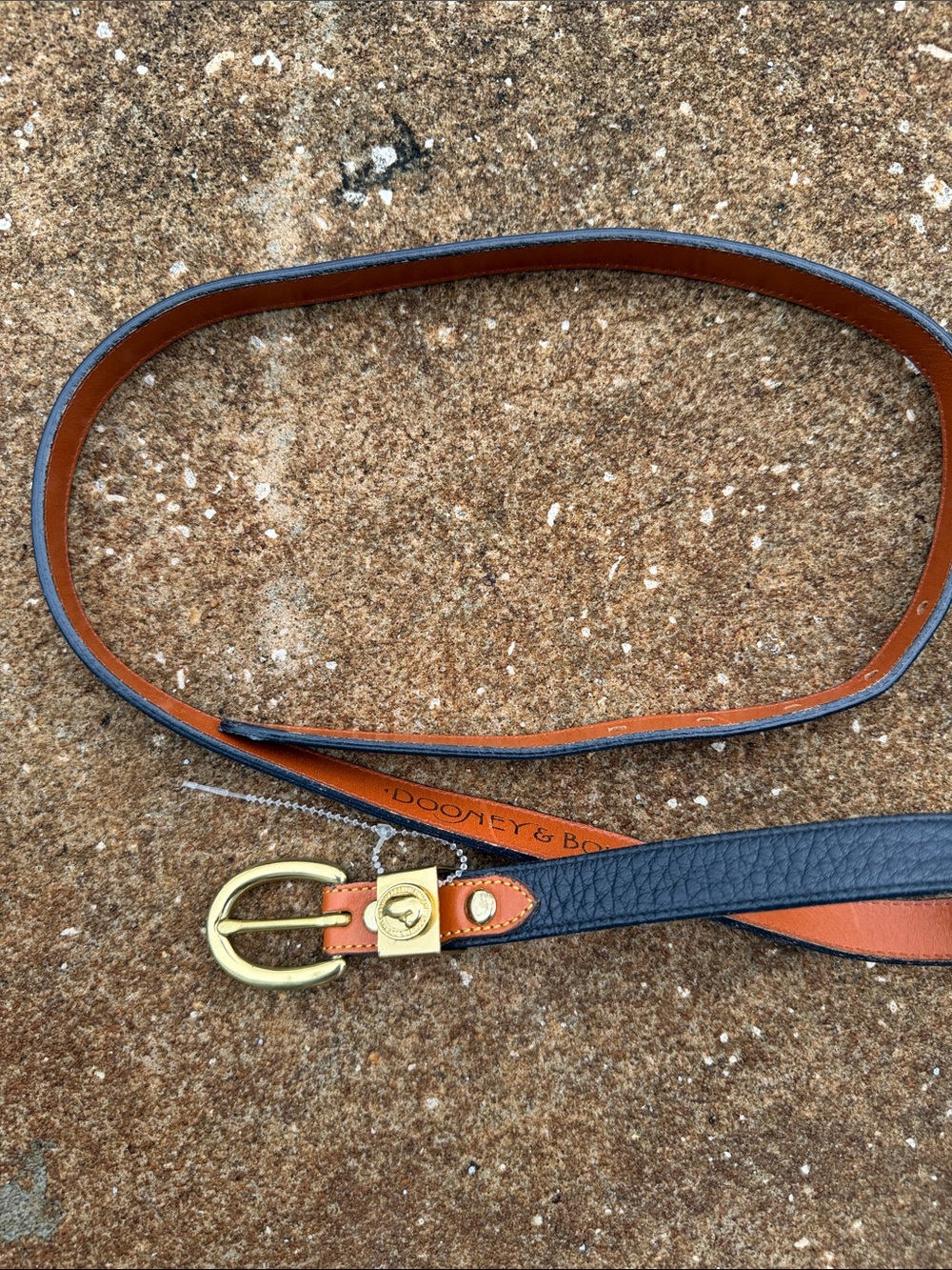 Vintage Dooney & Bourke Navy Blue and Brown Leather Belt with Gold Buckle. XL